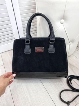 Женская каркасная сумка деловая классическая сумочка средняя черная замша+экокожа