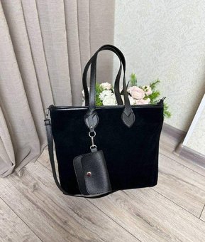 Женская большая сумка формата А4 стильная черная натуральная замша+экокожа
