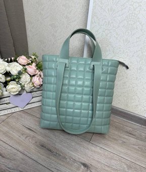 Большая женская сумка шоппер формата А4 стеганая стильная молодежная мятная экокожа