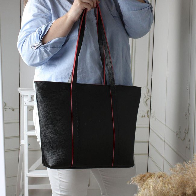 Женская сумка большая модная формат А4 стильная черная с красным кожзам