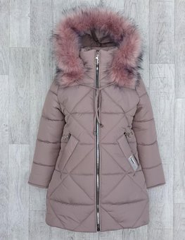 Длинное зимнее пальто на девочку с опушкой красивая зимняя детская куртка мокко 8-10 лет 140