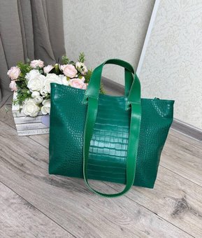Женская сумка большая вместительная шоппер стильная зеленая экокожа рептилия