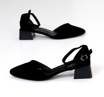 Туфли женские на низком каблуке открытые летние классические черные экозамша 40