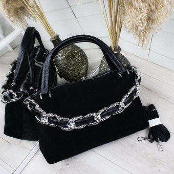 Женская черная сумка середня містка сумочка натуральная замша+экокожа