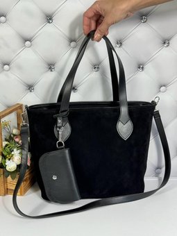 Женская сумка формата А4 стильная комбинированная черная замша+экокожа