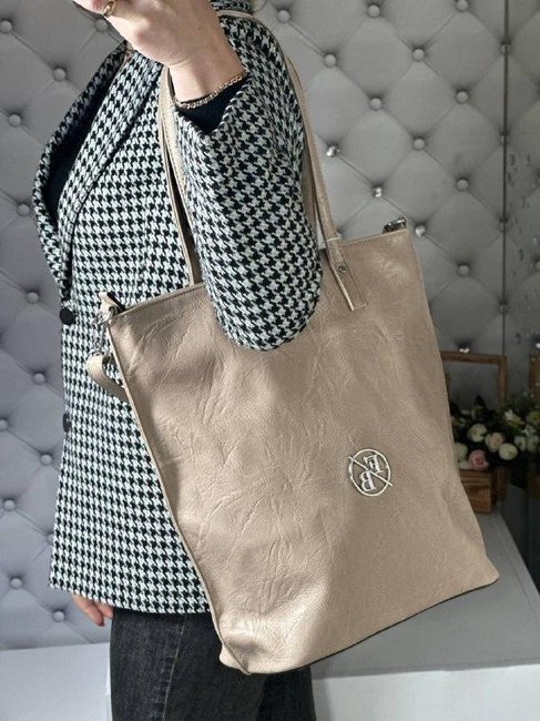 Женская большая сумка-шоппер на плечо молодежная стильная модная капучино экокожа